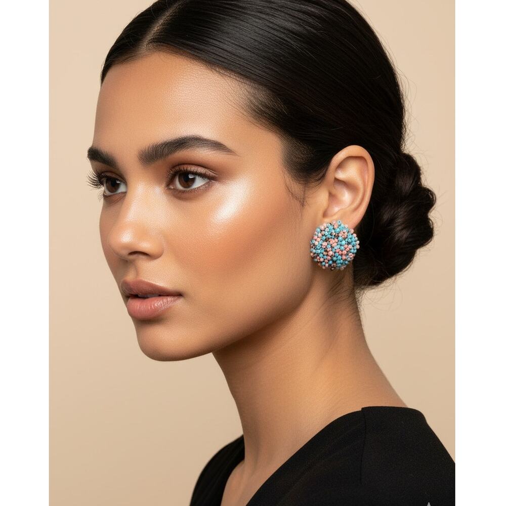 Boho Seed Bead Stud Earrings MultiPink Blue Bronze Fashion Jewelry + Gift Pouch